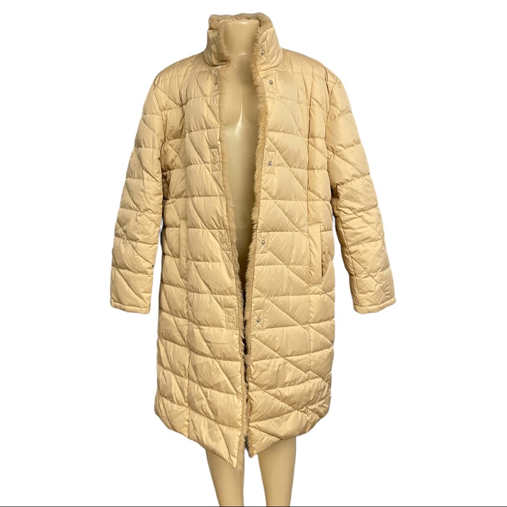 Utex Design Beige Tan Down Puffer Packable Jacket Fur Trim Long Trench Coat XL - Picture 3 of 10